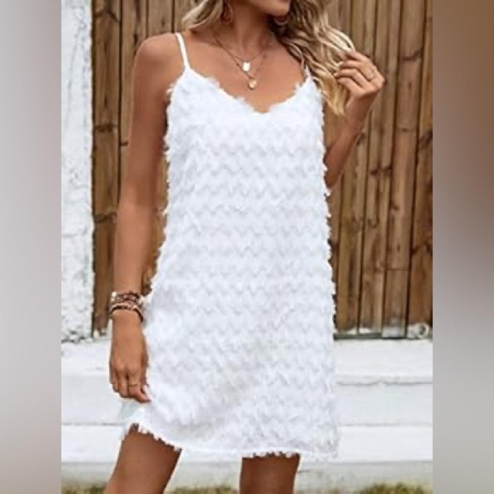 White Fringe Sleeveless Dress